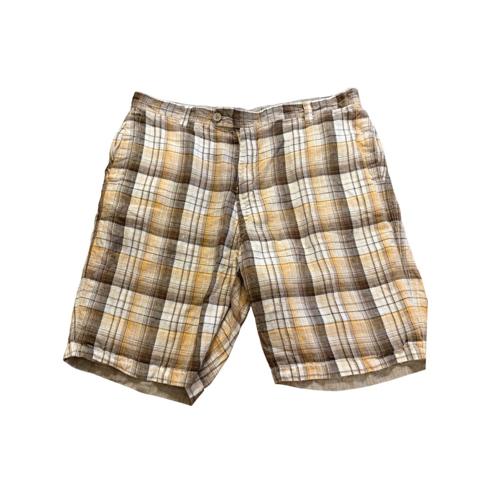 Tommy Bahama Shorts Mens 36 Tan Yellow Brown Linen Plaid Reversible Beach Casual